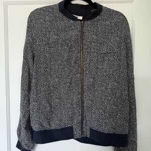 Equipment Navy and White Bomber Jacket with Ribbed Trim